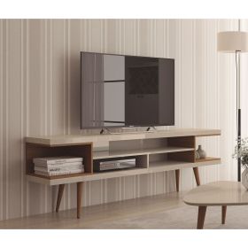 Manhattan Comfort Utopia 70.47" TV Stand with Splayed Wooden Legs and 4 Shelves in Off White and Maple Cream