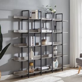 5 Tier Bookcase Home Office Open Bookshelf, Vintage Industrial Style Shelf with Metal Frame, MDF Board (Color: Grey)